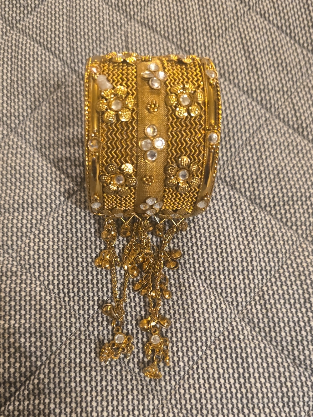 Gold-Tone Floral Crystal Statement Bangle Bracelet with Dangle Charms
